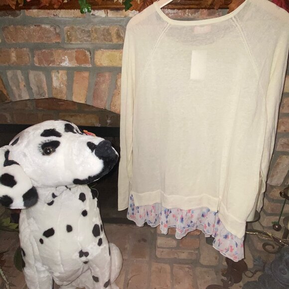 ELLE Long Sleeve Knit Sweater Tunic Top w/ Pretty Pink & Blue Floral Ruffle Hem - Picture 6 of 8